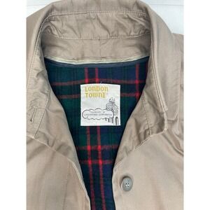 London Towne Tan‎ Plaid Lined Trench Coat Petite 10 Weather Ready, Vintage Style